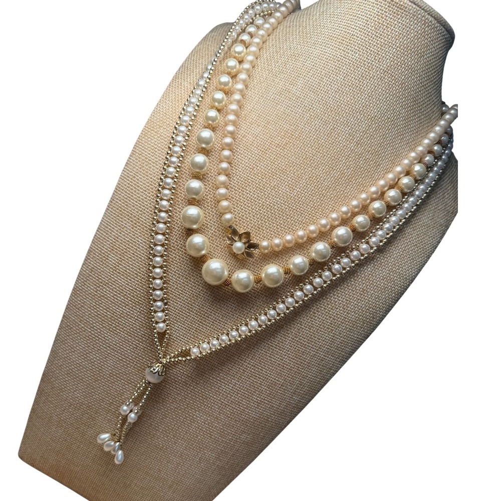 Vintage Gold Tone Faux Pearl Necklace Lot Lariat Tassel Floral  Layering Set